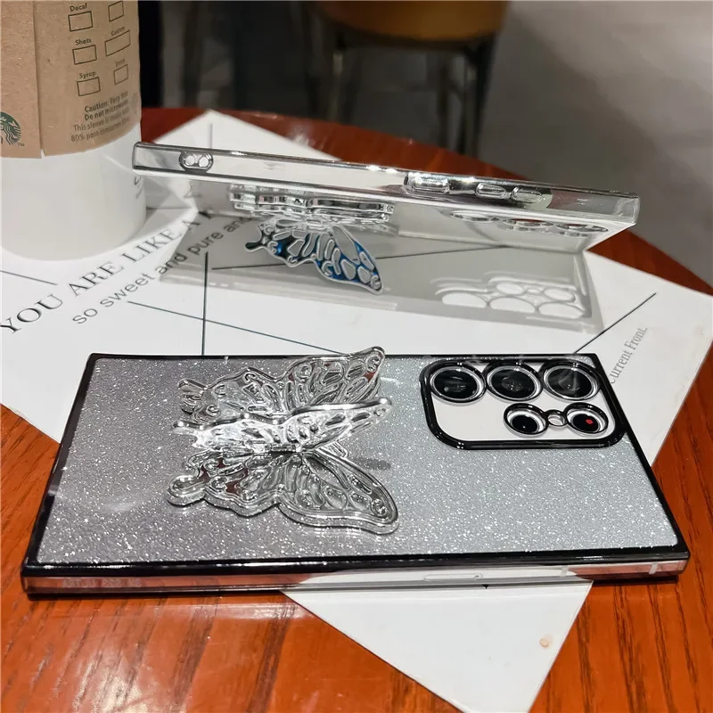 Soporte de teléfono de mariposa de lujo, funda chapada con purpurina para Samsung S24 Plus S23 FE S22 Note 20 Ultra S21 S20 S10 S9 Plus, cubierta trasera - imagen 3
