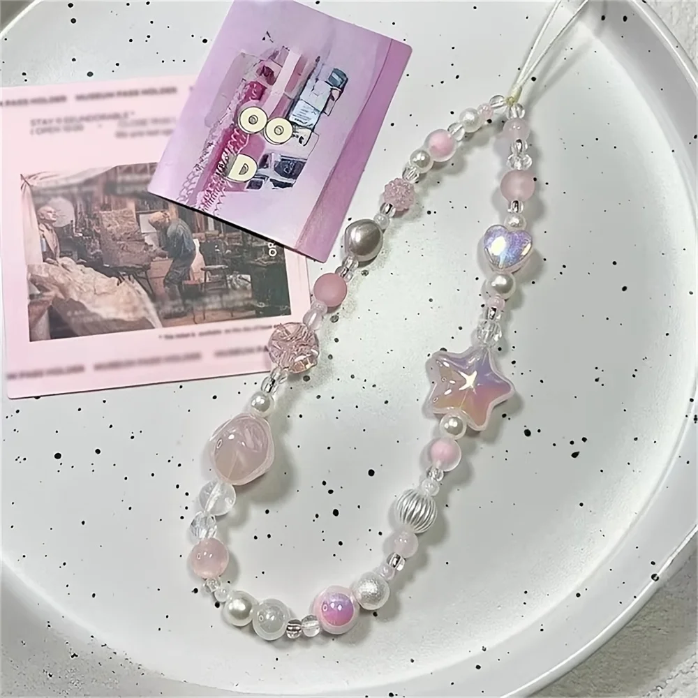 Cordón coreano dulce y bonito con cuentas de corazón y estrella rosa para teléfono, cordón con abalorio para iPhone, Samsung, joyería Universal antipérdida para colgar - imagen 4