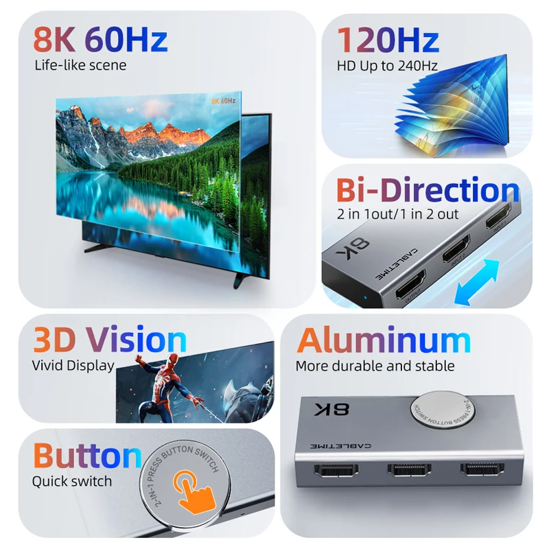 CABLETIME HDMI Splitter 8K 60Hz 4K 120Hz 2 en 1 Conmutador Visión 3D Adaptador de diseño de perilla de aluminio para computadora portátil Macbook Lenovo C457 - imagen 2