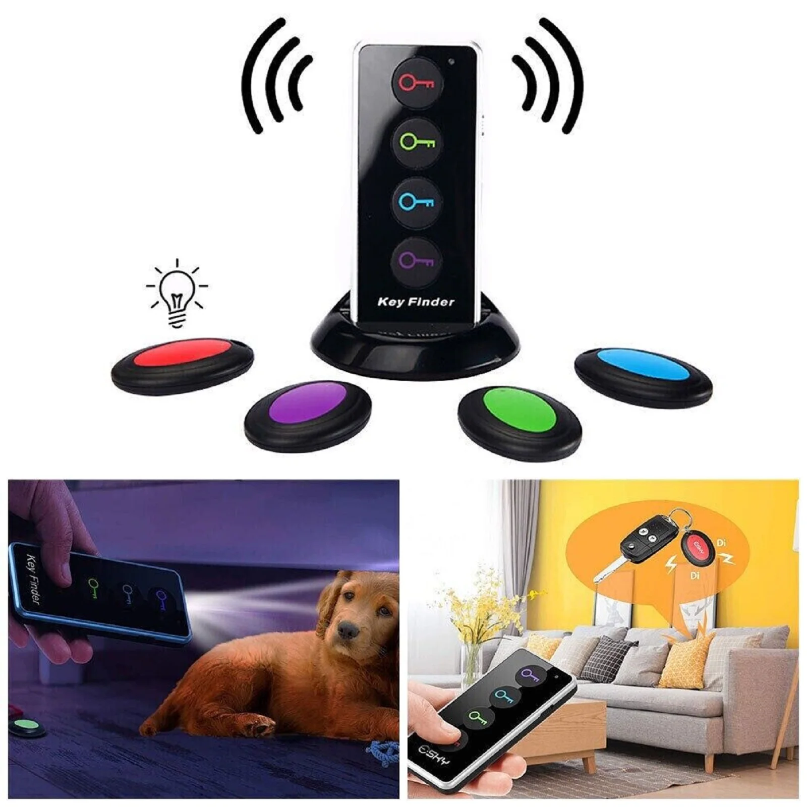 Buscador de llaves inalámbrico Localizador de llaves RF Rastreador de mascotas Buscador de billetera Control remoto 1 Transmisor RF 4 Receptor 4 en 1 Alarma Nuevo - imagen 4