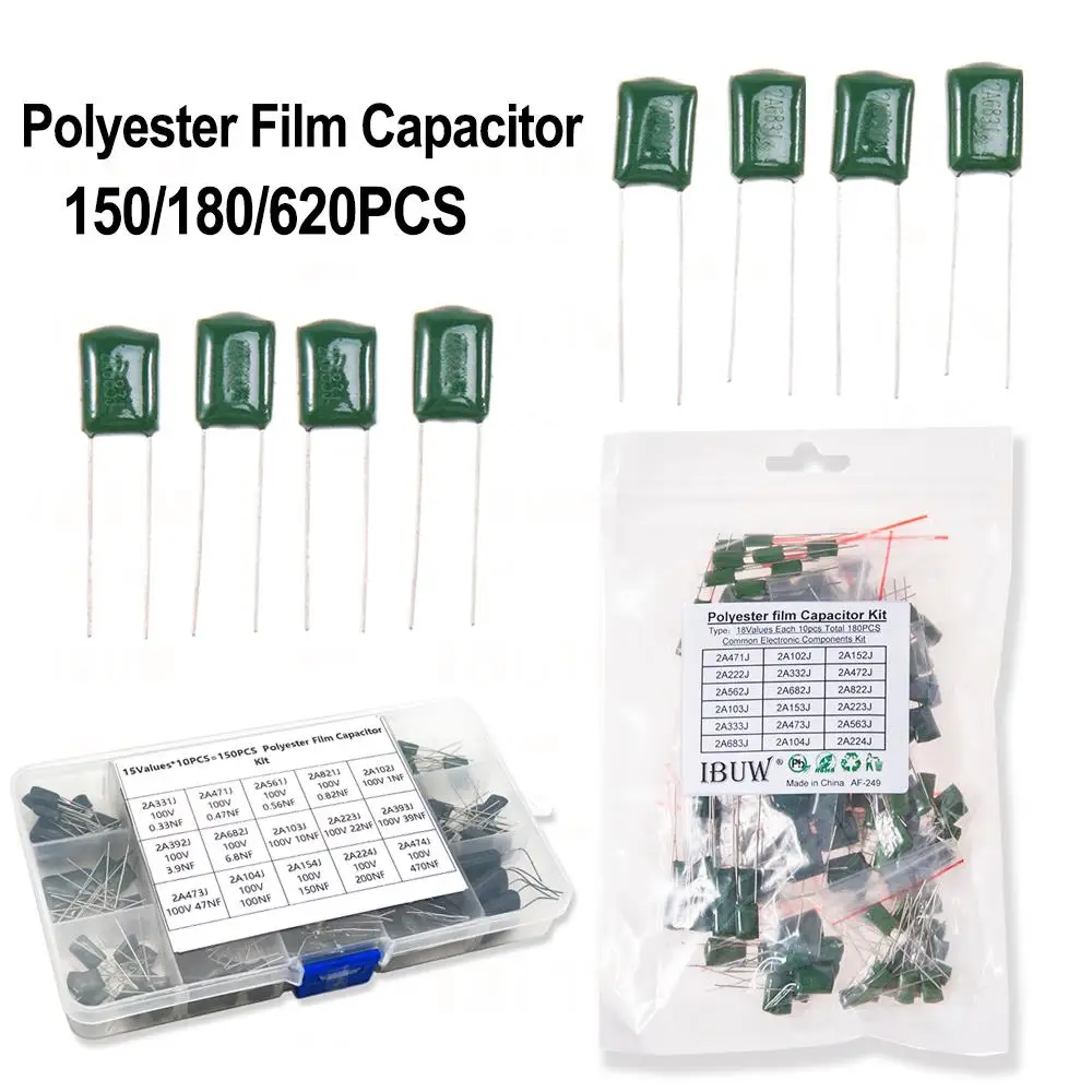 150/180/660PCS Kit de condensadores de película de poliéster 100V 1nF 1.5nF 2.2nF 100nF 2A102J 2A471J 2A222J 2A392J 2A332J 2A472J 2A103J 2A473J