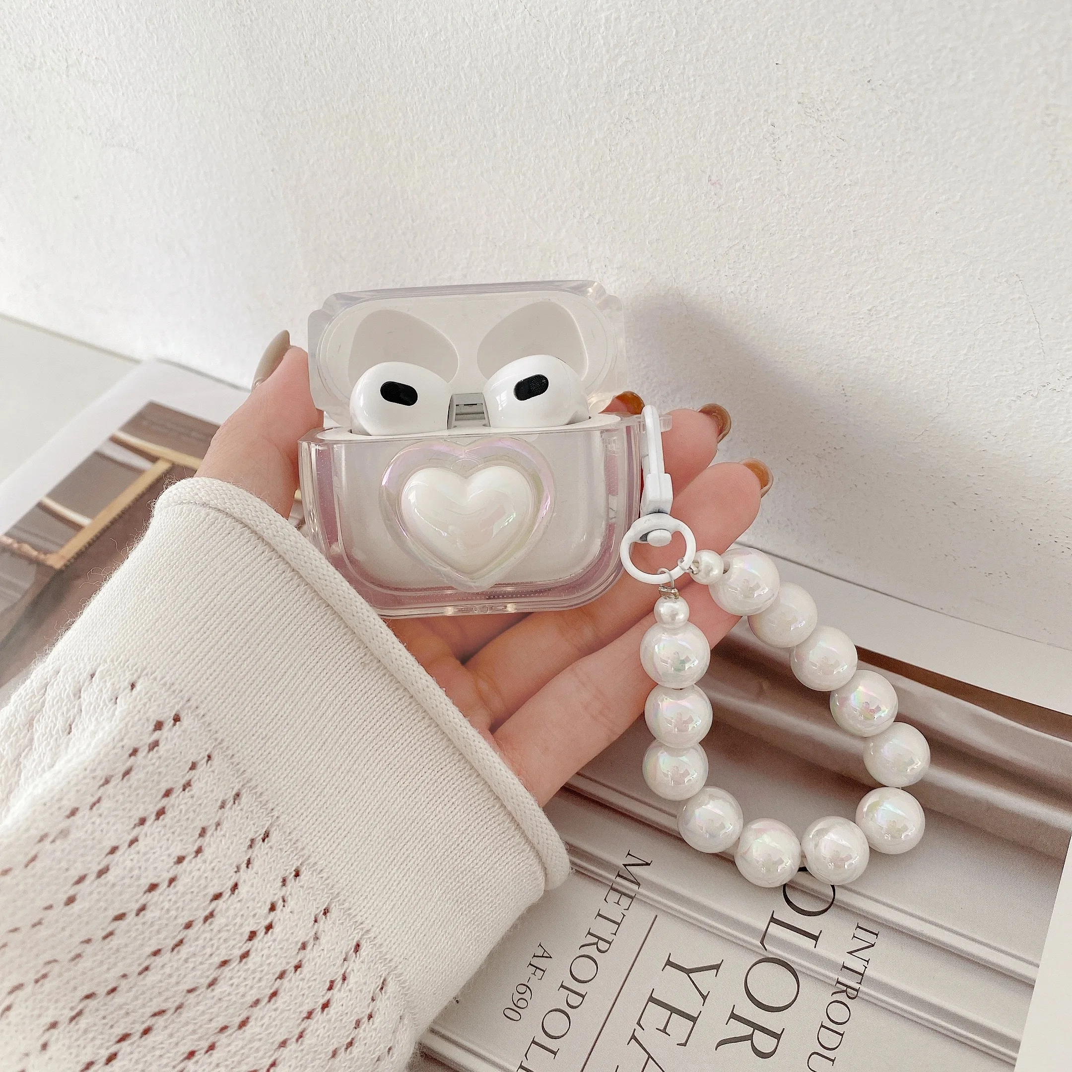 Funda Simple para auriculares con forma de corazón y perlas láser para AirPods 2 Pro, caja de carga para auriculares de tercera generación, funda protectora para llavero Air Pods - imagen 5