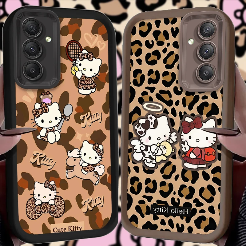 Funda de silicona para Samsung Galaxy S25 S24 S23 Ultra S22 S21 Plus FE 5G A54 A34 A14 A73 A53 A33 5G funda con estampado de leopardo Hello Kitty