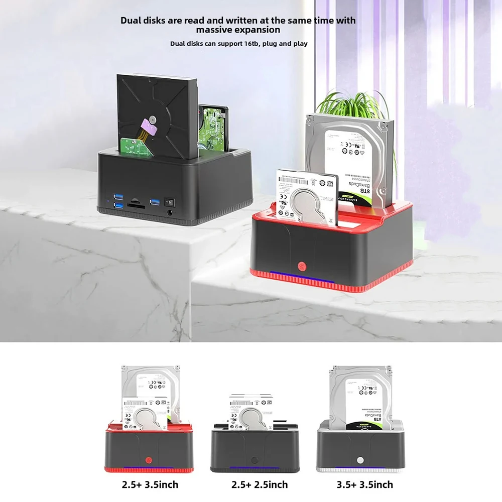 Estación de acoplamiento HDD IDE SATA USB 2,0 de doble bahía unidad de disco duro externa carcasa SSD de 2,5 "/3,5" lector de tarjetas HUB de respaldo de un solo toque - imagen 3