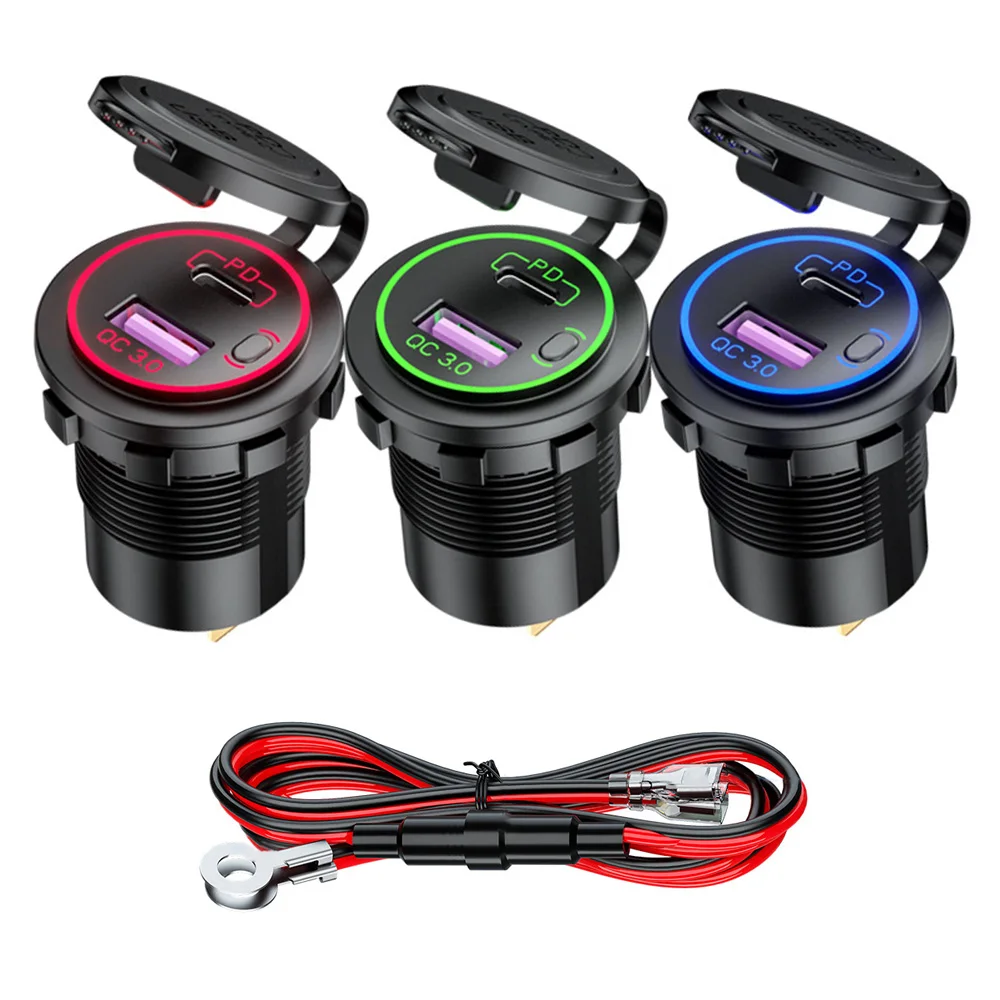Cargador de coche Quick Charge 3,0 Dual USB + tipo C resistente al agua 12V/24V QC3.0 tipo C USB cargador rápido conector de toma de corriente