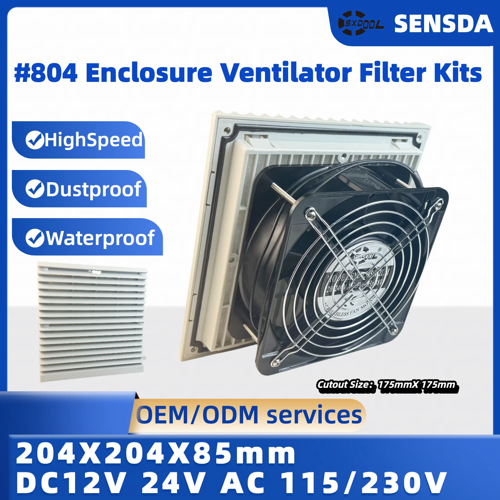 Kit de filtro de ventilación 804 IP44 - Ventilador industrial de 204x204x85 mm 89% a prueba de polvo 115 V 230 V 12 V 24 V 48 V 150 mm Ventilador para gabinetes - imagen 2