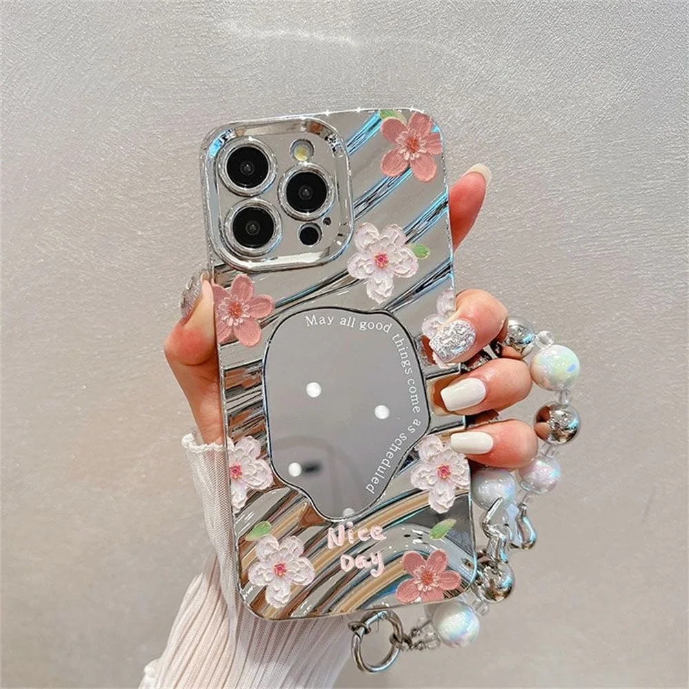 Funda de teléfono con espejo de maquillaje de flores de lujo para iPhone 13 11 15 14 16 Pro Max 12 16promax 15promax 14promax Funda a prueba de golpes