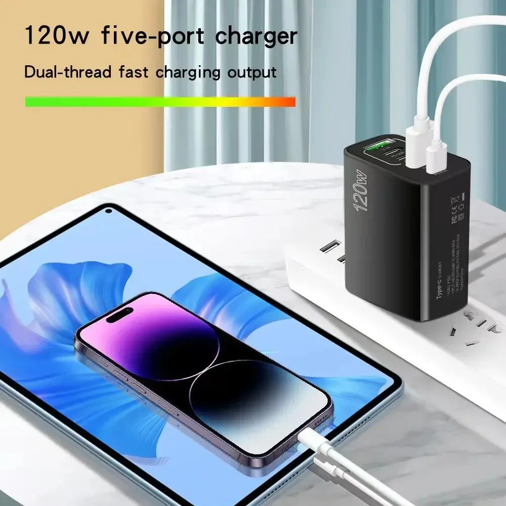 Cargador USB C de 120W, 2 uds., 5 puertos, adaptador de pared de teléfono de carga rápida para iPhone, Samsung, Xiaomi, Huawei, enchufe de UE/EE. UU./Reino Unido, cargador rápido - imagen 2
