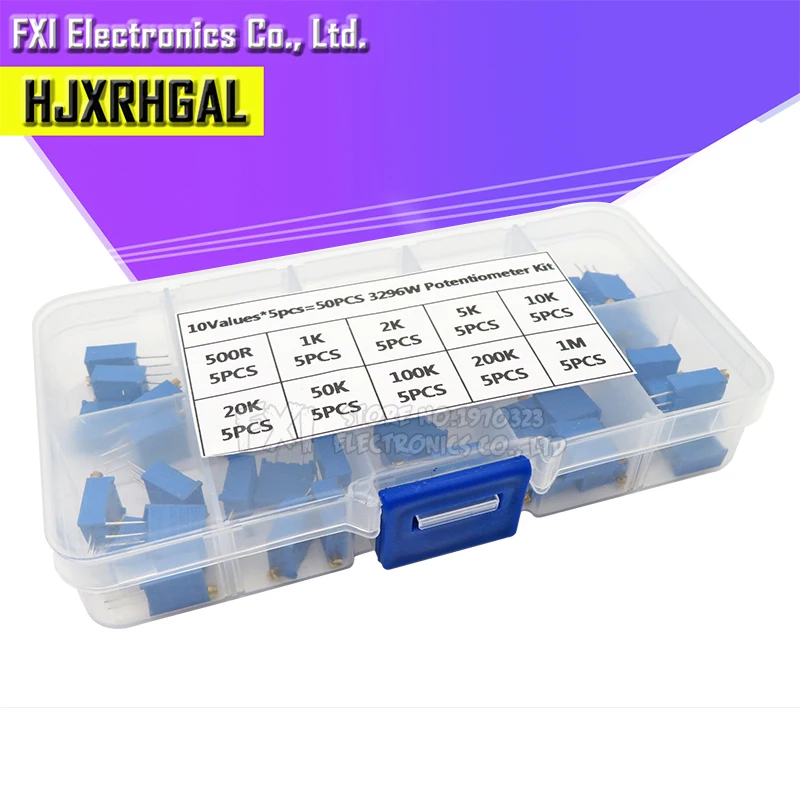 Kit de potenciómetro recortador multigiro, 50 piezas, 3296W, resistencia Variable 3296 de alta precisión con caja gratis, kit electrónico diy