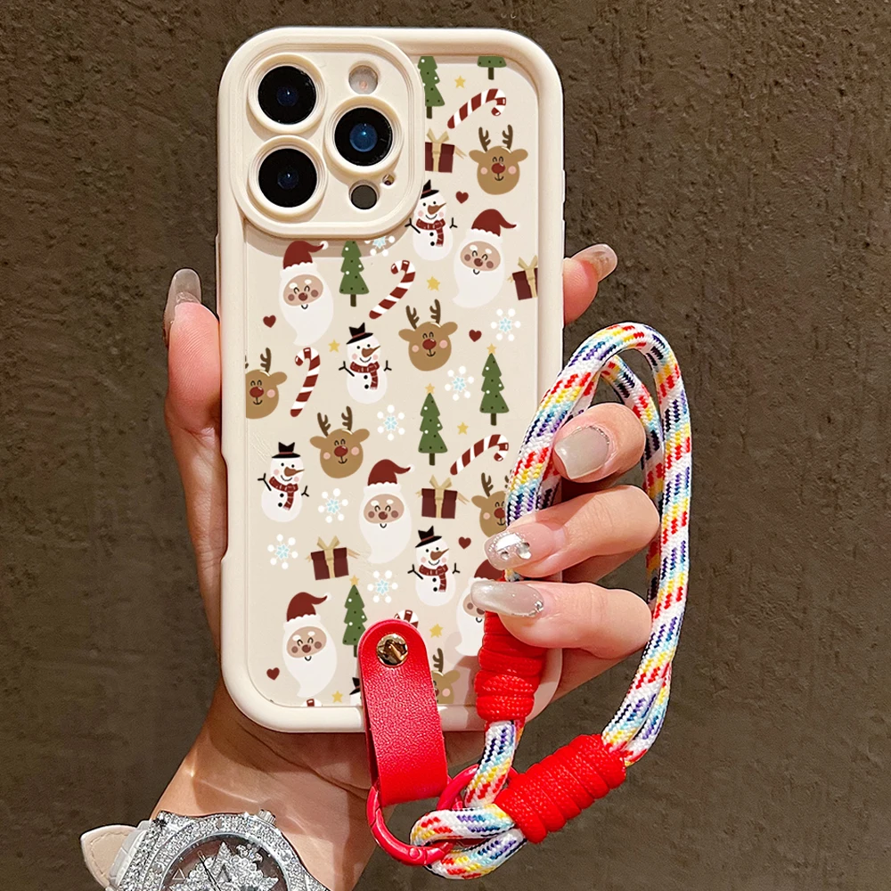 Bonita funda de teléfono con diseño de reno de Papá Noel para iPhone 17 16 15 14 13 12 11 Pro Max XS X XR 7 8 Plus 16E, funda con cordón para correa para la muñeca