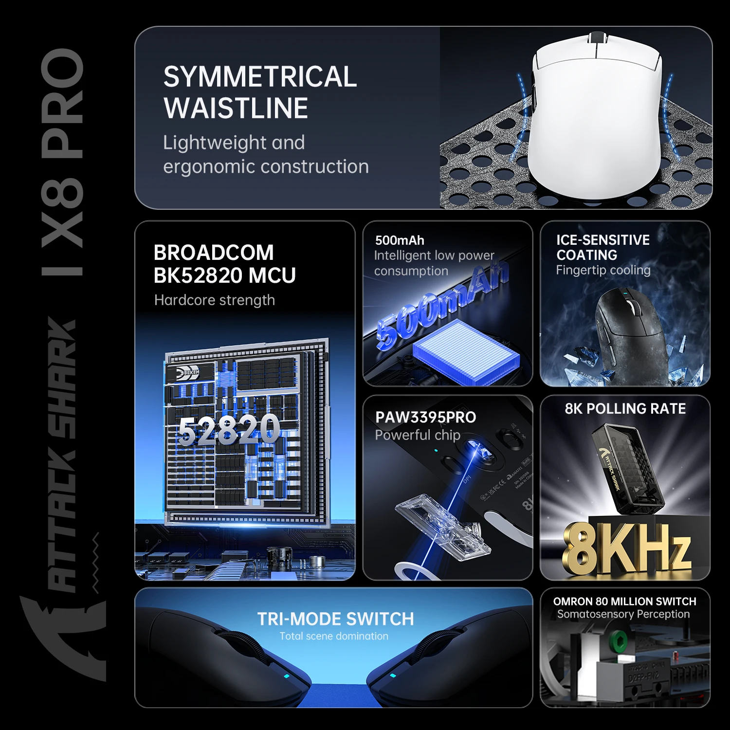 Ratón inalámbrico para juegos ATTACK SHARK X8PRO de tres modos, SUPERLIGHT de 55 g, sensor PixArt PAW3395PRO, velocidad de orollamiento de 8 Khz, interruptor Omron - imagen 4