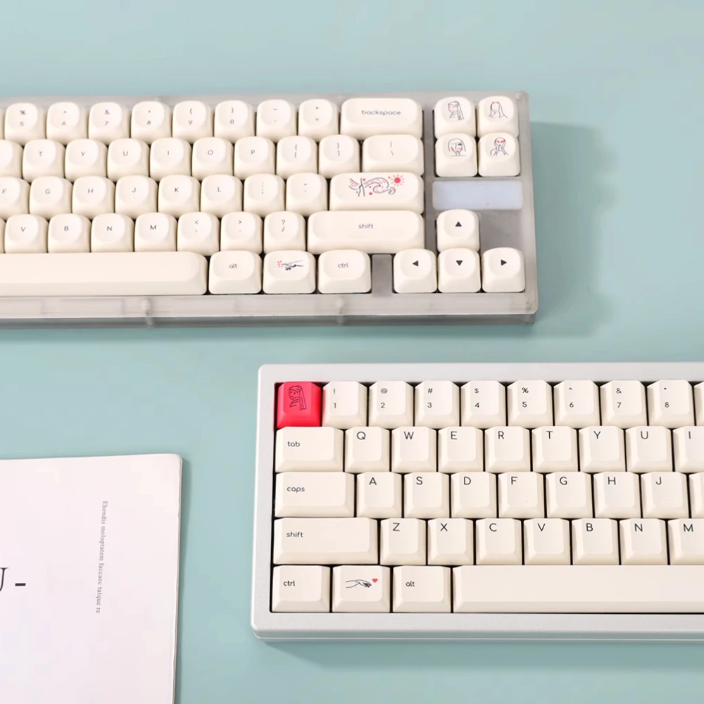 Juego de teclas con tema artístico, teclas redondas de perfil MOA de color blanco lechoso, teclas personalizadas con dibujos animados, bonitas tapas de teclado mecánico para jugar PBT pintadas a mano - imagen 4
