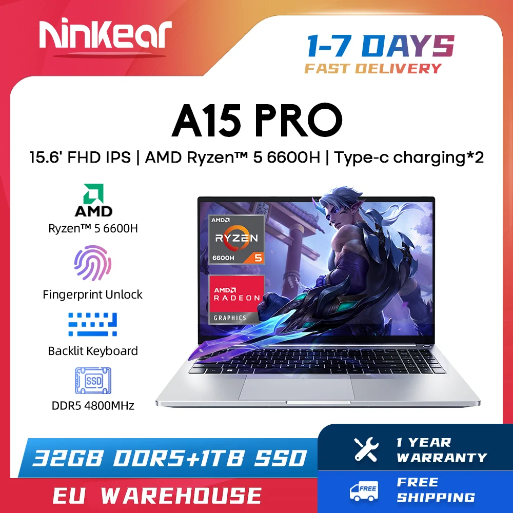 Portátil Ninkear A15 PRO AMD Ryzen ™   5 6600H hasta 4,5 GHz 15.6' FHD IPS 32GB DDR5 1TB SSD WIFI6 teclado retroiluminado Computadora - imagen 2
