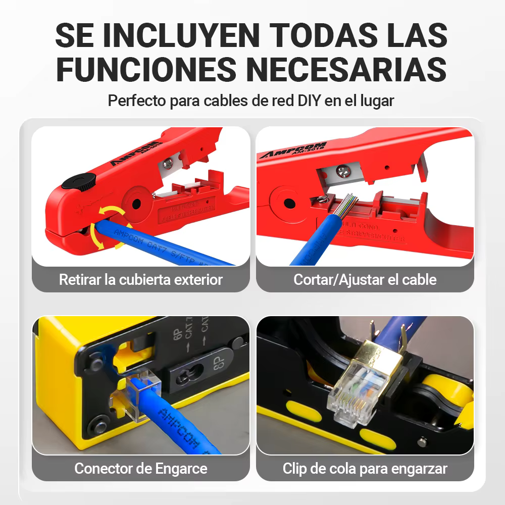 Crimpadora AMPCOM RJ45 RJ11 Ethernet Cat7/6A/5 con Pelacables - imagen 5