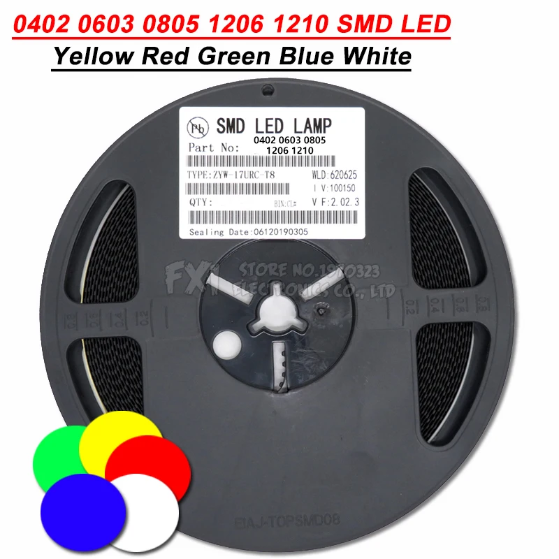 1 carrete 0402 0603 0805 1206 1210 diodos LED SMD amarillo claro rojo verde azul blanco 4000 Uds 3000 Uds 2000 Uds