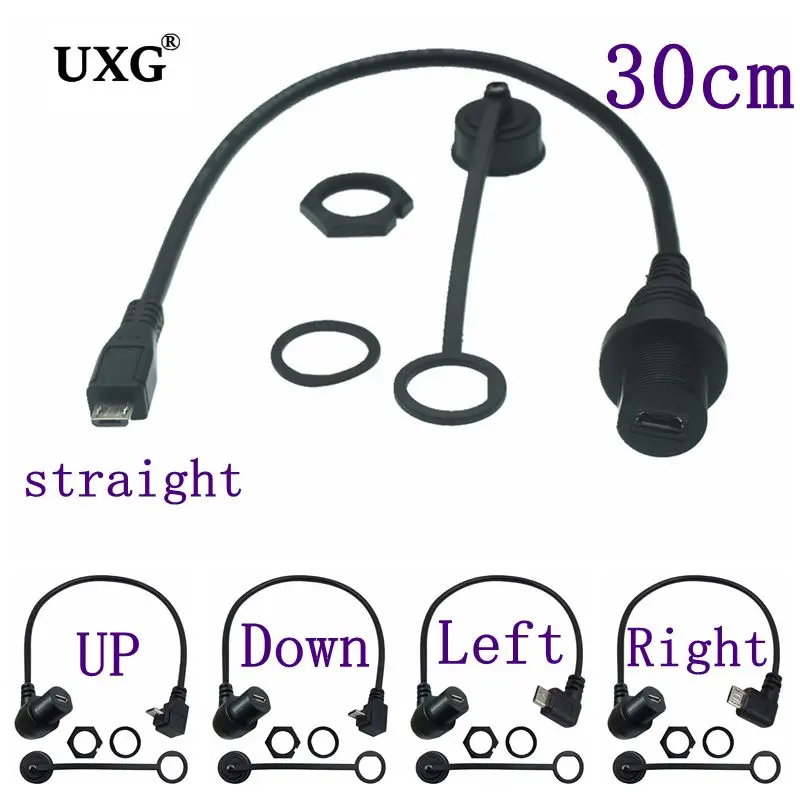 90 grados IP67 Micro USB impermeable Micro USB 5 pines IP67 macho a hembra montaje en Panel cable de extensión de conector impermeable 30cm