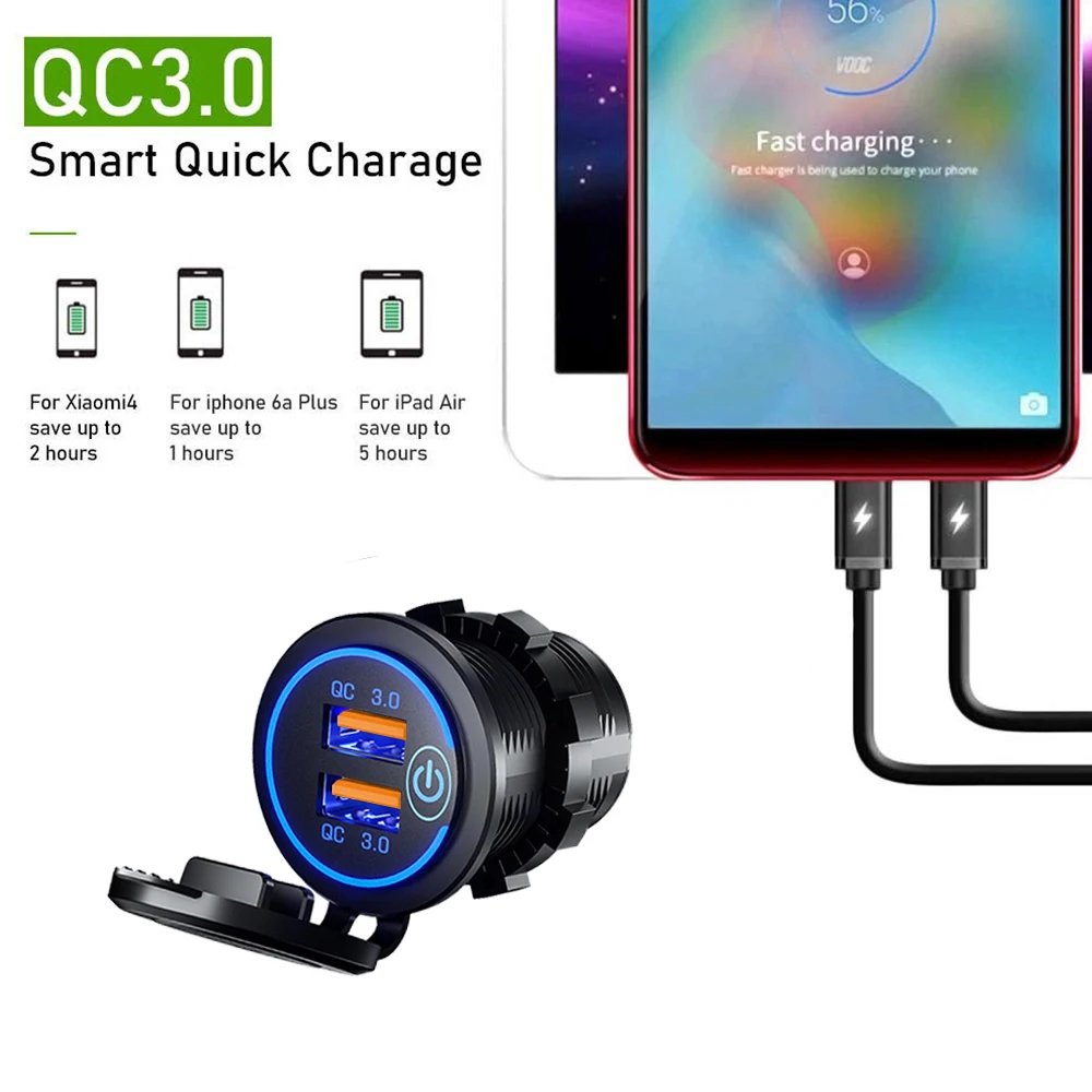 Toma de corriente de carga rápida USB de 2 puertos de 60W, cargador modificado para coche QC3.0 con Interruptor táctil para accesorios de motocicleta y automóvil - imagen 2