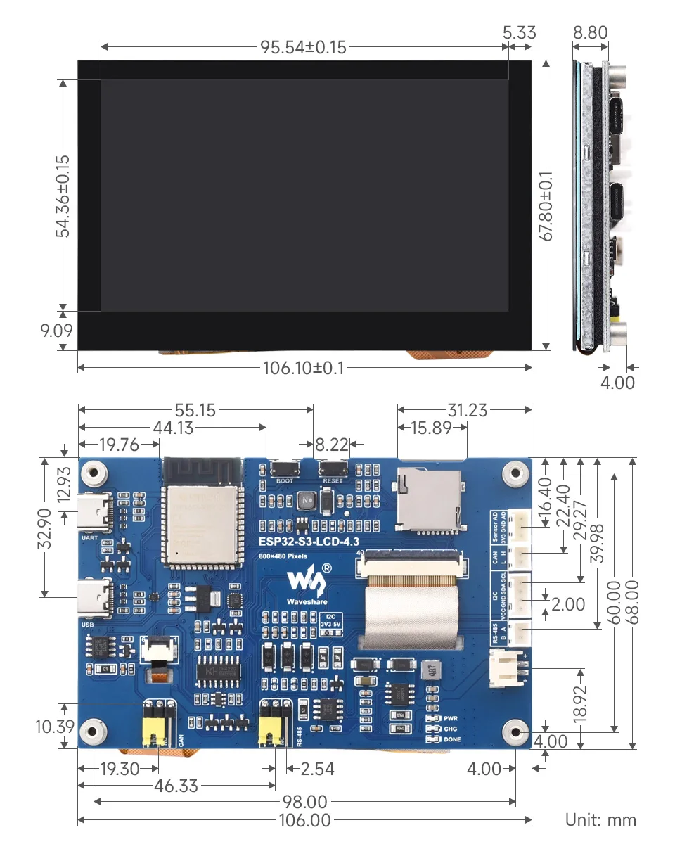 ESP32-S3 Placa de desarrollo de pantalla táctil capacitiva de 4,3 pulgadas 800 × 480 soporte táctil de 5 puntos WiFi y Bluetooth para Arduino IDE - imagen 4