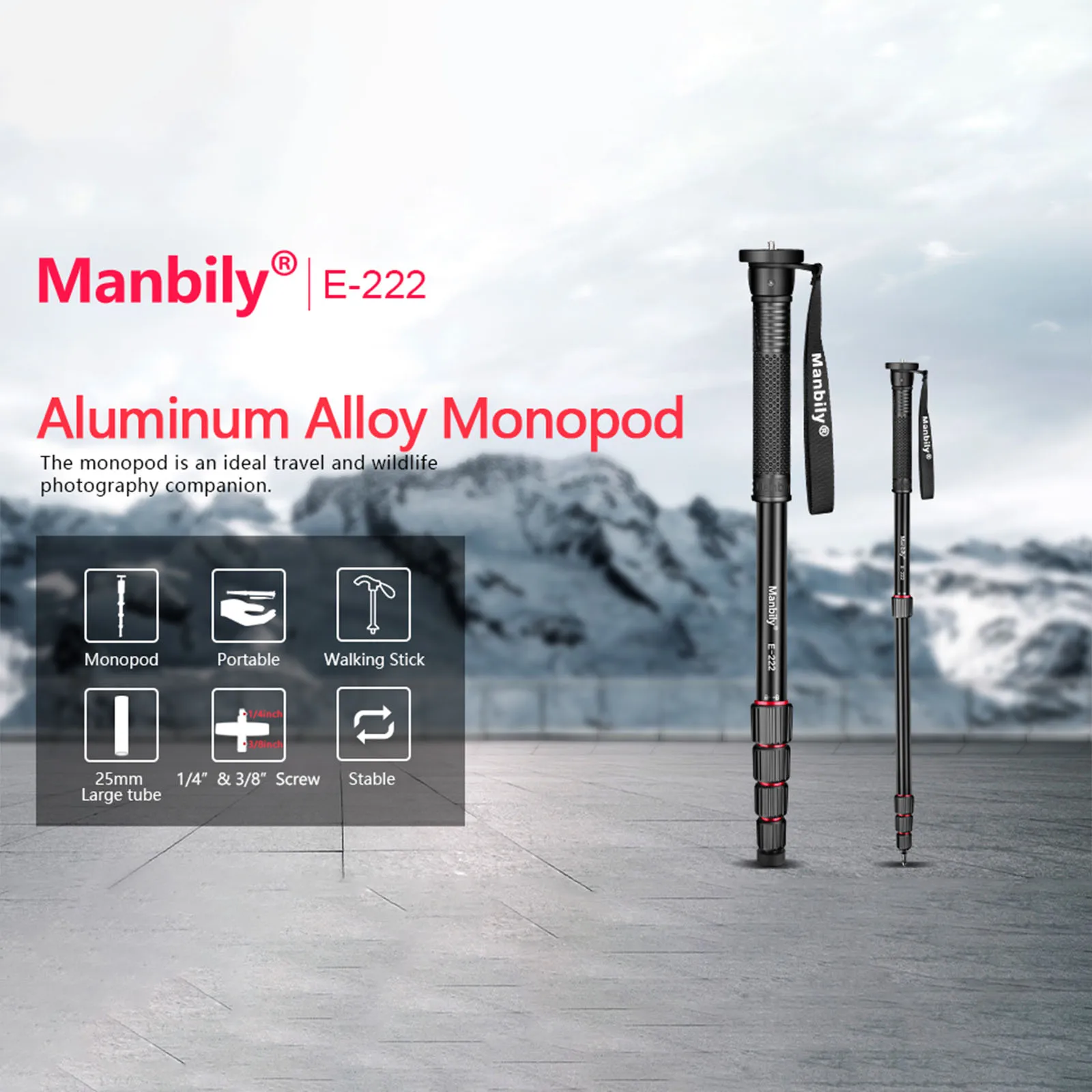 Manbily E-222 Monopié de viaje con cámara de 65 ", monopié de aluminio de 5 secciones para cámaras DSLR, bastón de senderismo ligero portátil - imagen 2