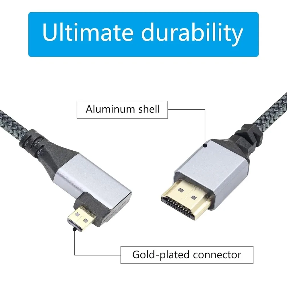 Cable trenzado de nailon 4K UHD para cámaras Gopro, ángulo izquierdo/derecho de 90 grados, Micro HDMI, compatible con HDMI, 0,5 m - imagen 2
