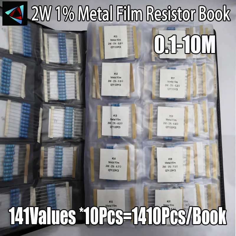 Kit surtido de resistencias de película metálica, paquete de libro de muestras, 141 valores, 0.1R ~ 10M Ohm 2W 1%