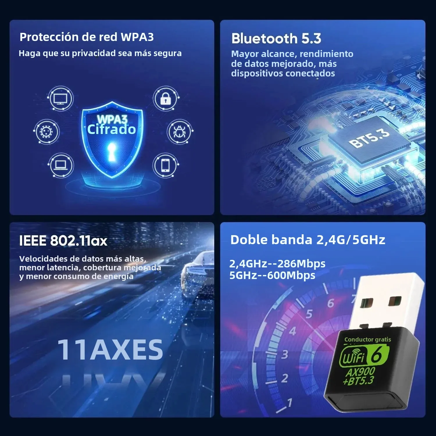 Adaptador USB WiFi Bluetooth 5,3 de 900Mbps, Dongle 2 en 1, receptor Wlan inalámbrico de red de doble banda de 2,4G y 5GHz para Win7/8/10 sin entrega - imagen 4