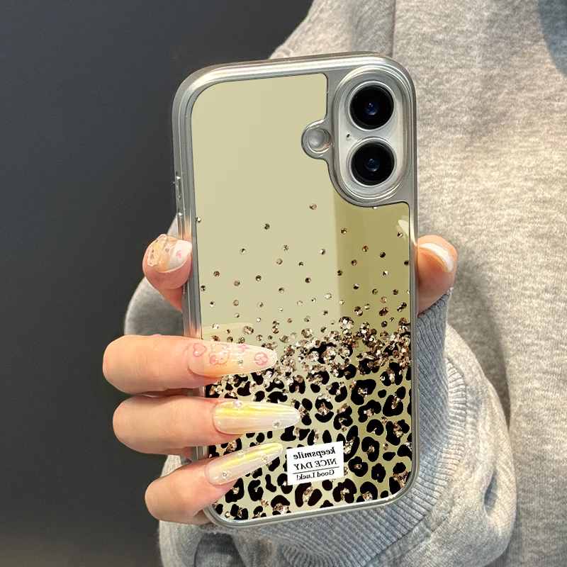 Mantenga la sonrisa Funda de teléfono anticaída de TPU epoxi con borde plateado y leopardo dorado para iPhone XR/11/12/13/14/15/16/17 Pro Max - imagen 3
