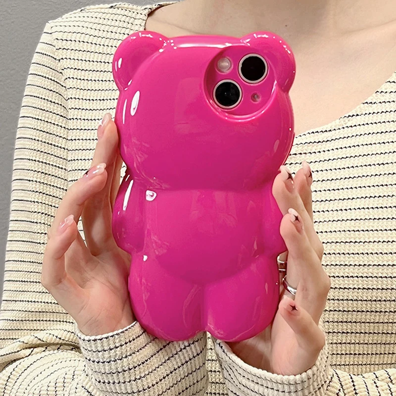 Funda de teléfono coreana con bonito oso rosa de dibujos animados en 3D para iPhone 14, 13, 12, 11, 15 Pro Max, funda trasera suave a prueba de golpes con animales encantadores - imagen 2