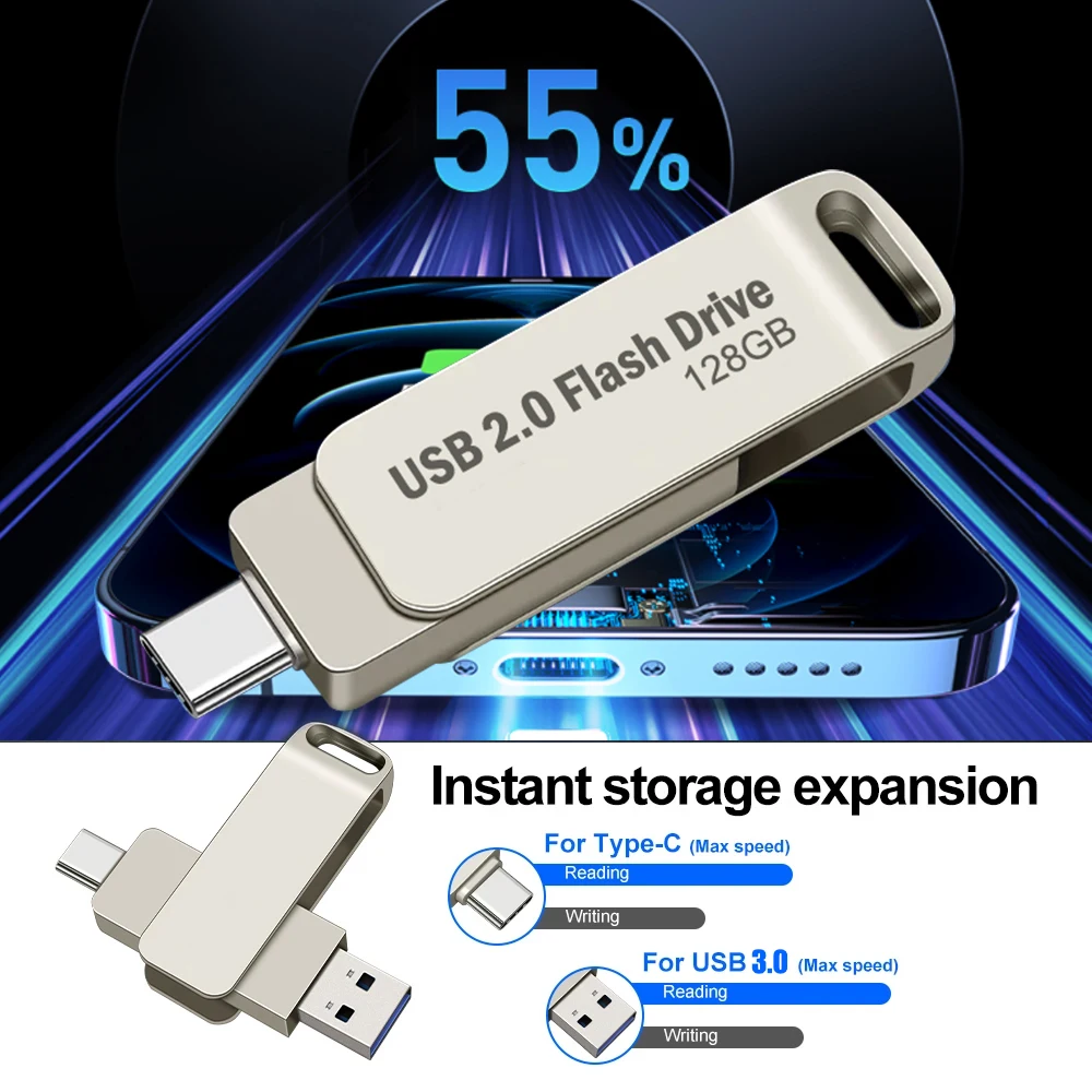 Unidad de bolígrafo TYPE-C 2 en 1 con llavero gratis, unidad Flash USB 2,0 giratoria de Metal de 128GB, memoria de regalo de negocios de 64GB, 32GB y 16GB - imagen 3