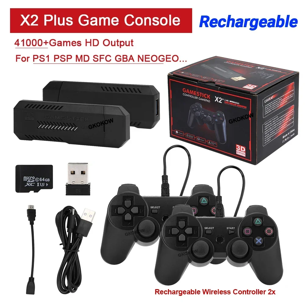 Nueva consola de videojuegos recargable X2 PLUS 2,4G P3 controlador inalámbrico recargable juegos Retro para PSP/PS1/FC 64G/128G