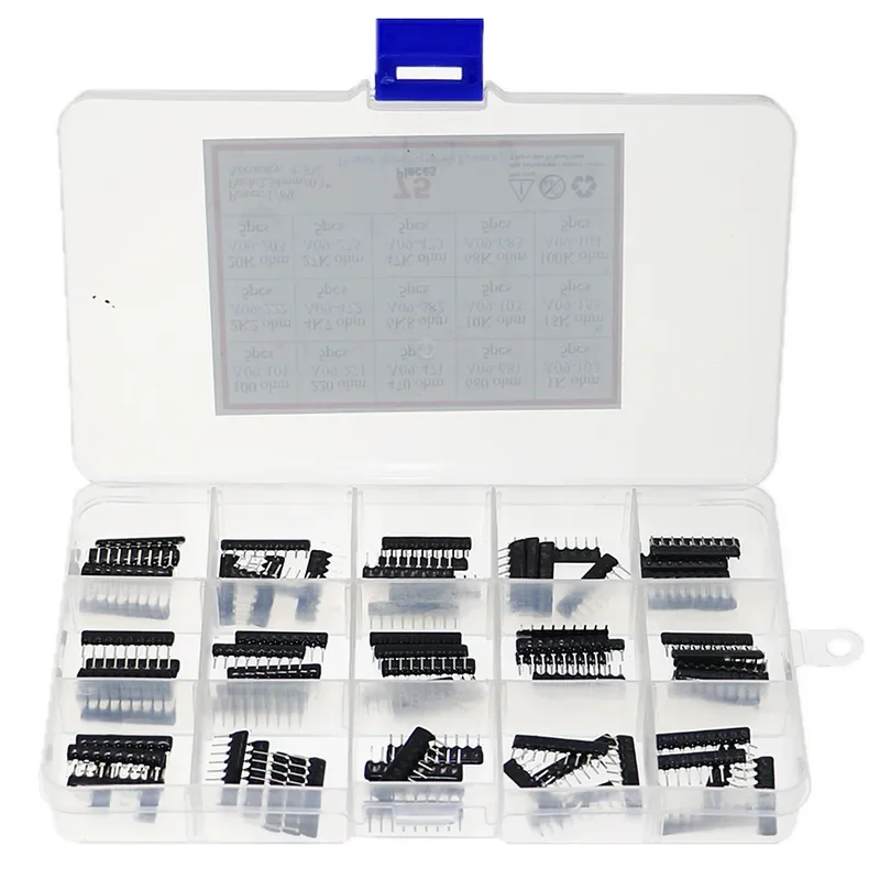 Kit surtido de resistencias, 75 piezas, 15 valores, 2,54mm, 1x9 pines, A09-101, 221, 471, 681, 102, 222, 472, 682, 103, 153, 203, 273, 473, 683 - imagen 2