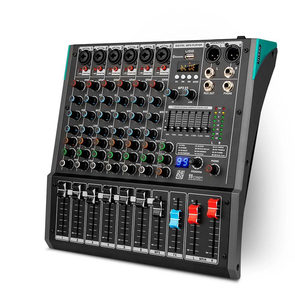 Mezclador de consola USB profesional con 99 efectos de reverberación integrados, mezclador de Audio profesional Digital de 6 canales