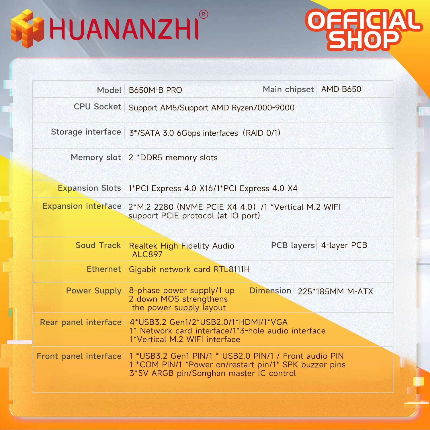 Placa base HUANANZHI B650M B PRO AMD AM5, compatible con Ryzen R5 R7 7000 8000 9000 Series M.2 NVME WIFI de doble canal DDR5 EXPO RAM - imagen 4