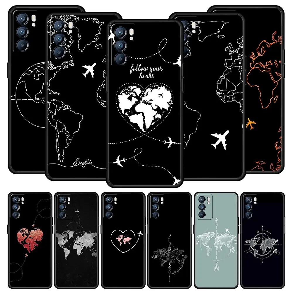 Funda de teléfono con mapa del mundo de dibujos animados, Dirección de paisaje para Oppo Reno8, Reno7, Reno6 Pro, A54, 5G, Find, X6, X5, A53, A52, A9, A15, A17, A16, A57, A31
