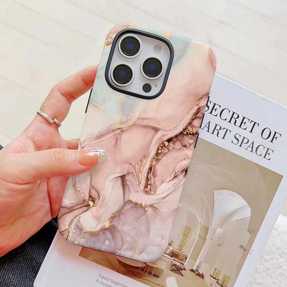 Funda de teléfono con patrón de mármol azul polvo para iPhone 16, 15, 14, 13, 12, 11 Pro Max Plus, funda trasera magnética de lujo de doble capa