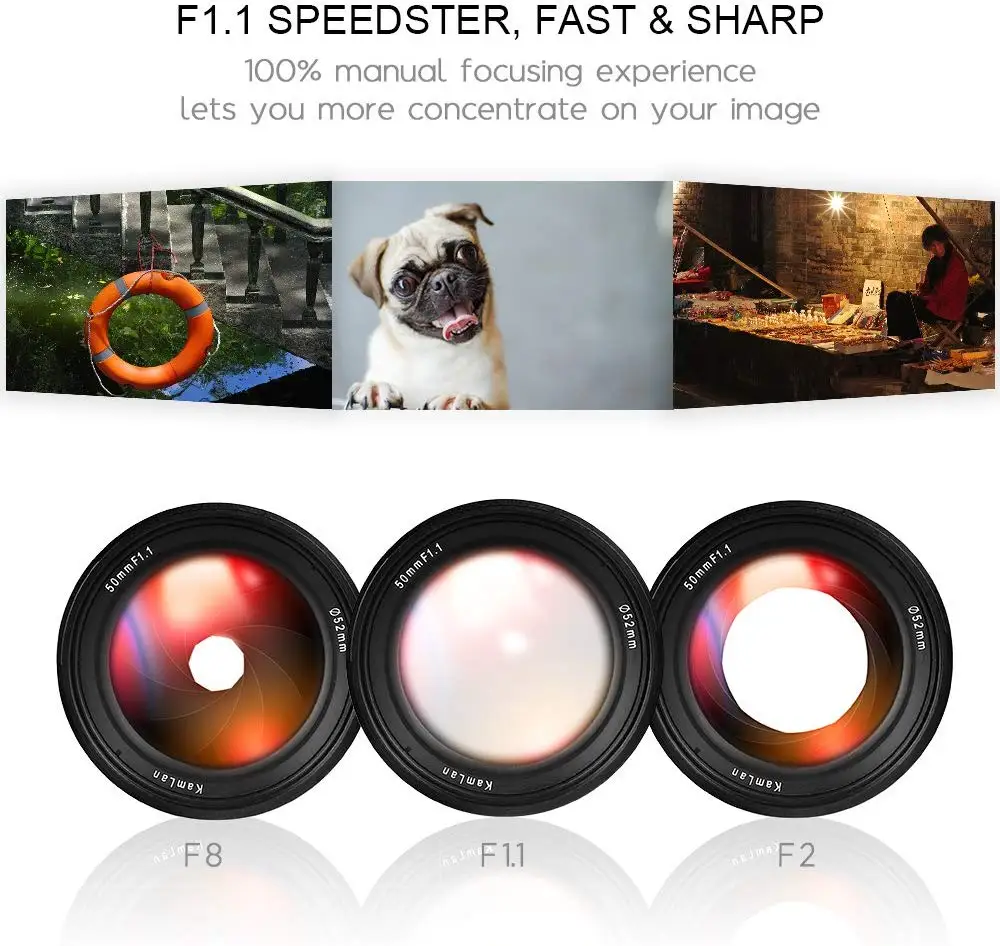 Kamlan-lente de enfoque Manual de gran apertura, 50mm, f1.1aps-c, para Canon, EOS-M, SONY, e-mount, Fuji X M4/3, cámaras sin espejo - imagen 5