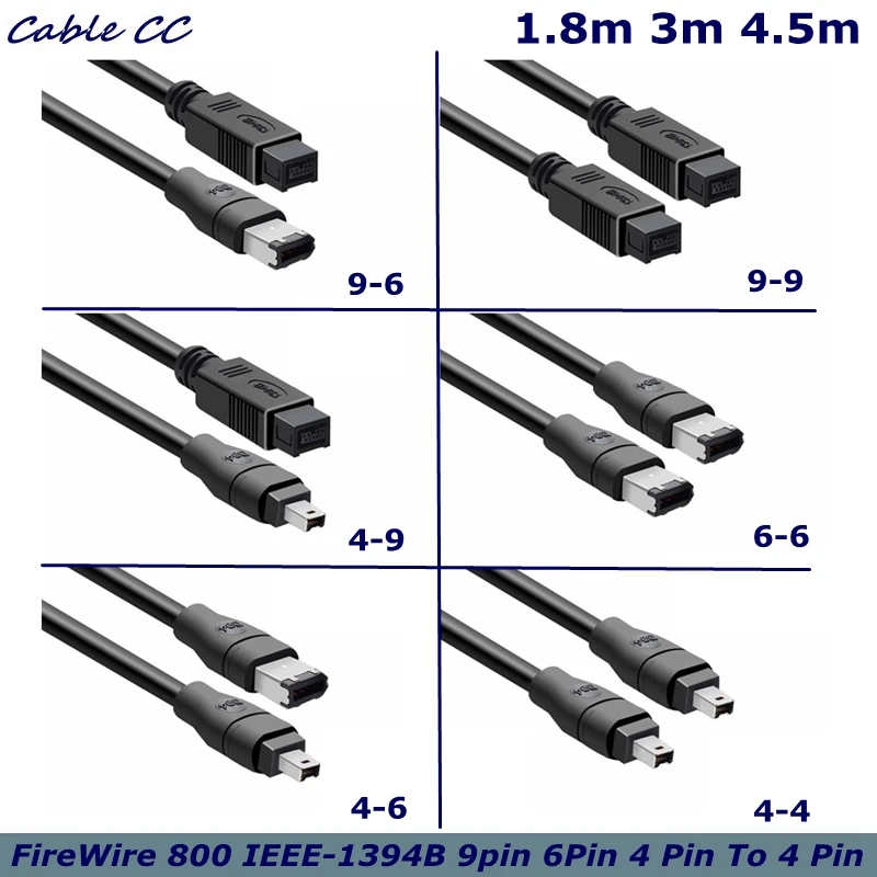 EEE 1394 FireWire 800 - FireWire 400, Cable de 9 a 9 pines, 6 pines, 4 y 6 pines, 4 pines a 4 pines, ILink IEEE 1394B