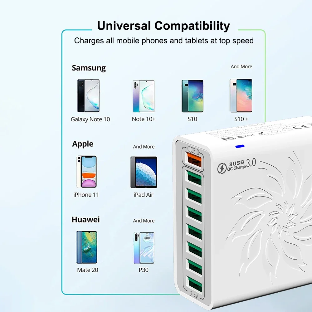 Cargador USB 8 en 1 de 65W, carga rápida, múltiples puertos, adaptador de pared con enchufe UE/EE. UU., adaptador de viaje USB 3,0 de carga rápida para múltiples dispositivos - imagen 4