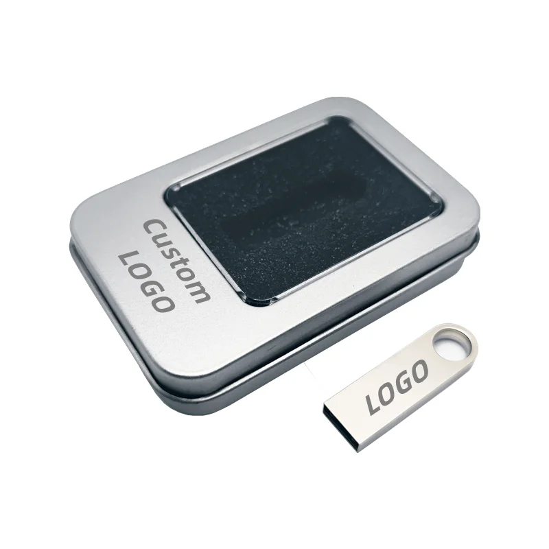 Mini unidad Flash USB 2,0 de Metal con logotipo de estudio personalizado, caja de Metal con ventana transparente, 4GB, 8GB, 16GB, 32GB, 64GB, 128GB