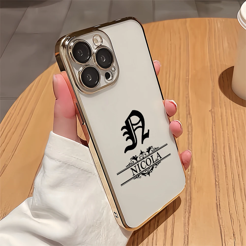 Funda de teléfono personalizada con nombre gótico para Iphone 11 a 16 Pro Max Plus, funda de TPU chapada transparente suave con protección de lente