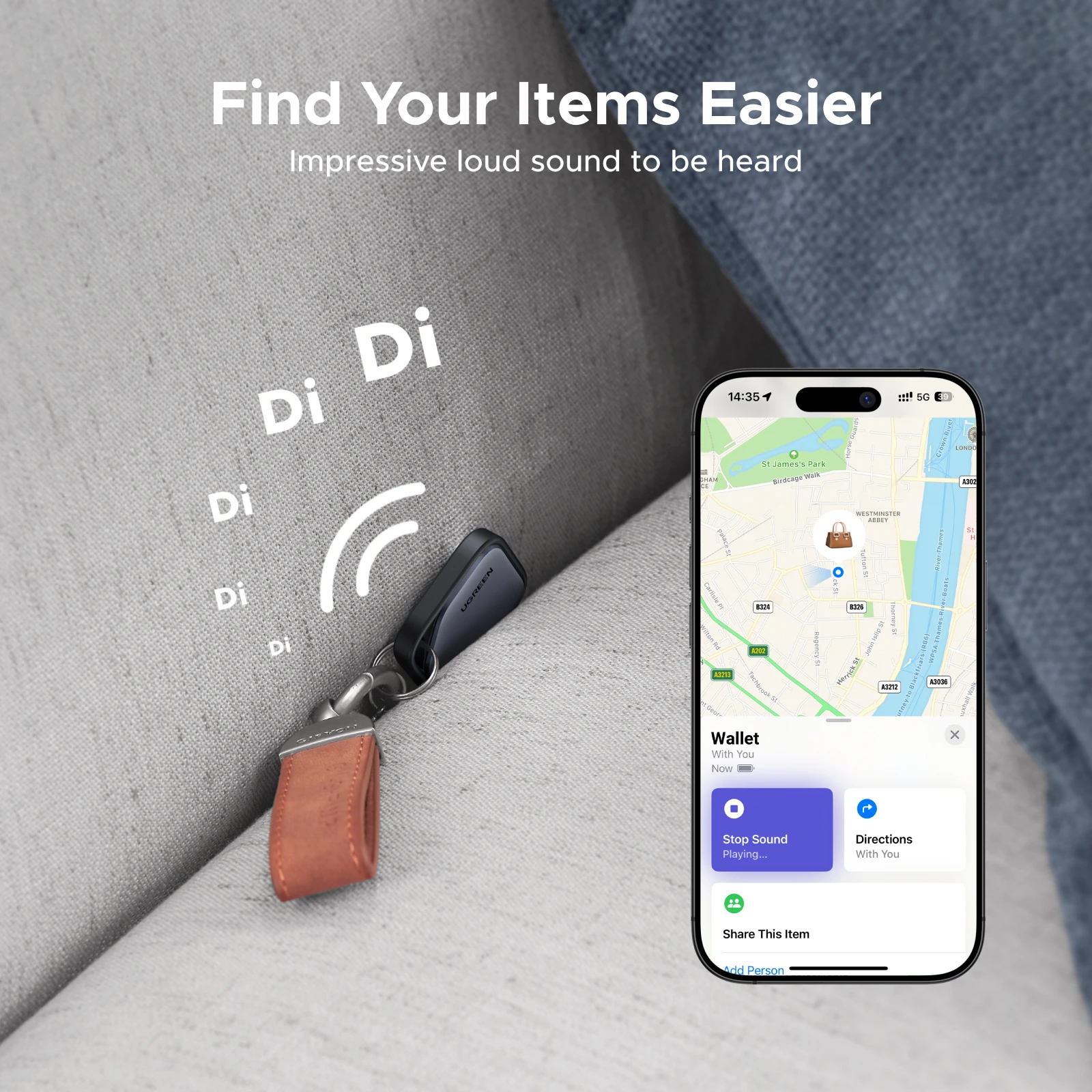 UGREEN Rastreador Bluetooth inteligente, buscador de llaves Localizador de artículos SmartTag Buscador de teléfono con batería de hasta 2 años para Apple Find My (solo IOS) - imagen 5