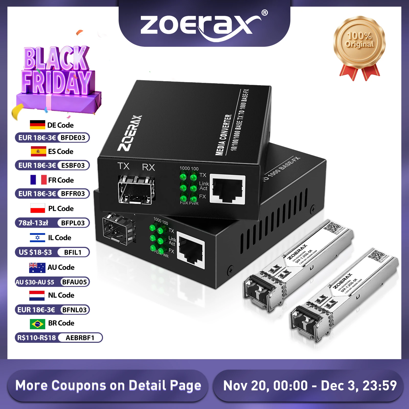 ZoeRax Gigabit SFP LC Módulo multimodo Fibra a RJ45 Ethernet Convertidor de medios Transceptor de fibra óptica con módulo LC SFP 1,25G