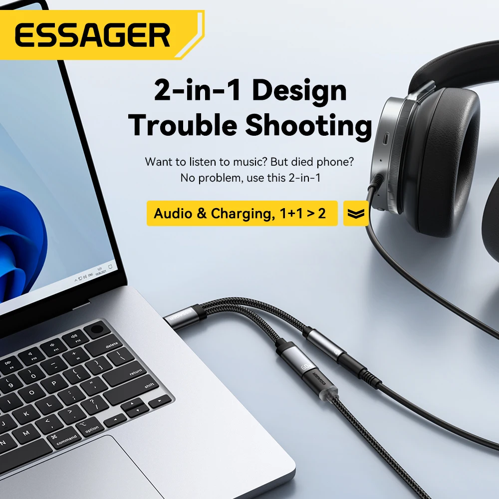 Essager-Adaptador de auriculares 2 en 1 Tipo C a 3,5mm, Cable auxiliar, PD, 60W, carga rápida para iPhone 16, 15, Samsung, Xiaomi 14, 13, Tablet PC - imagen 2
