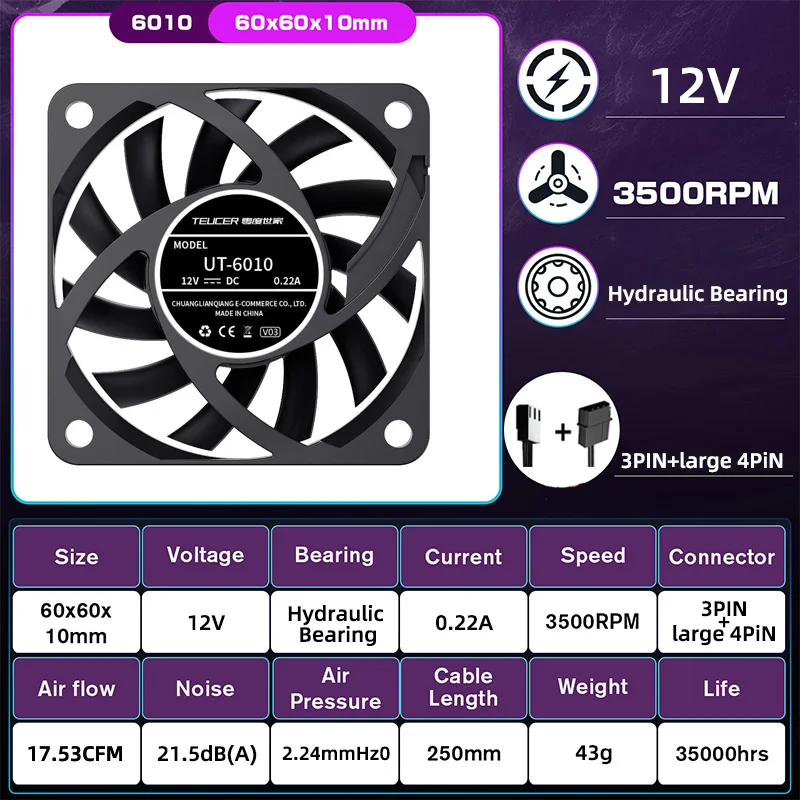 TEUCER UT-60 ventilador delgado con cubierta de PC de 60mm 3500RPM alto flujo de aire Control inteligente de temperatura enfriador de CPU ventilador de refrigeración ultrafino de 6/7CM - imagen 5