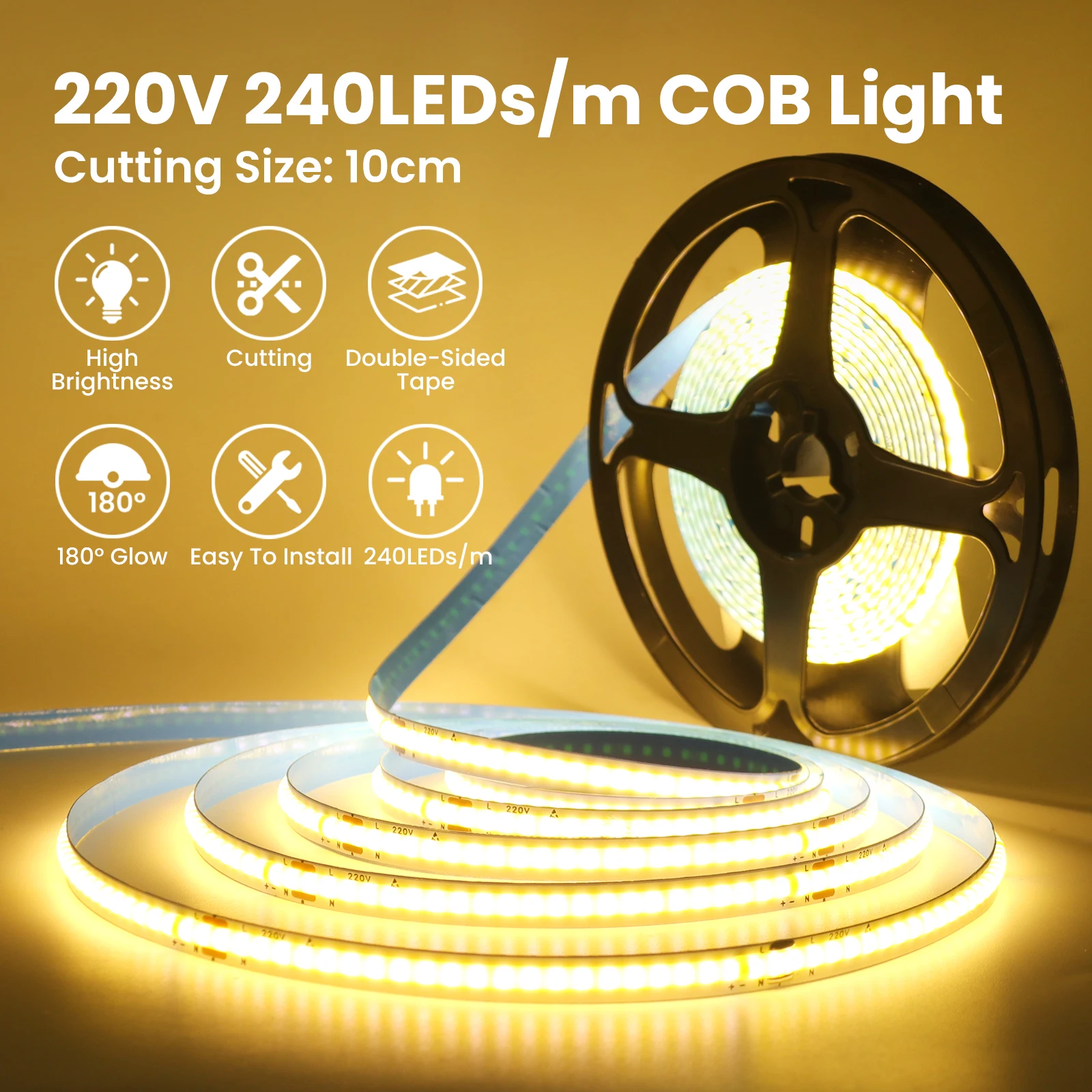 Tira de luces LED COB de 220V, sin necesidad de controlador, 240LEDs/m, 5m, 10m, 15m, 20m, cinta de luz lineal roja/azul/verde/rosa/blanca para iluminación del hogar - imagen 4