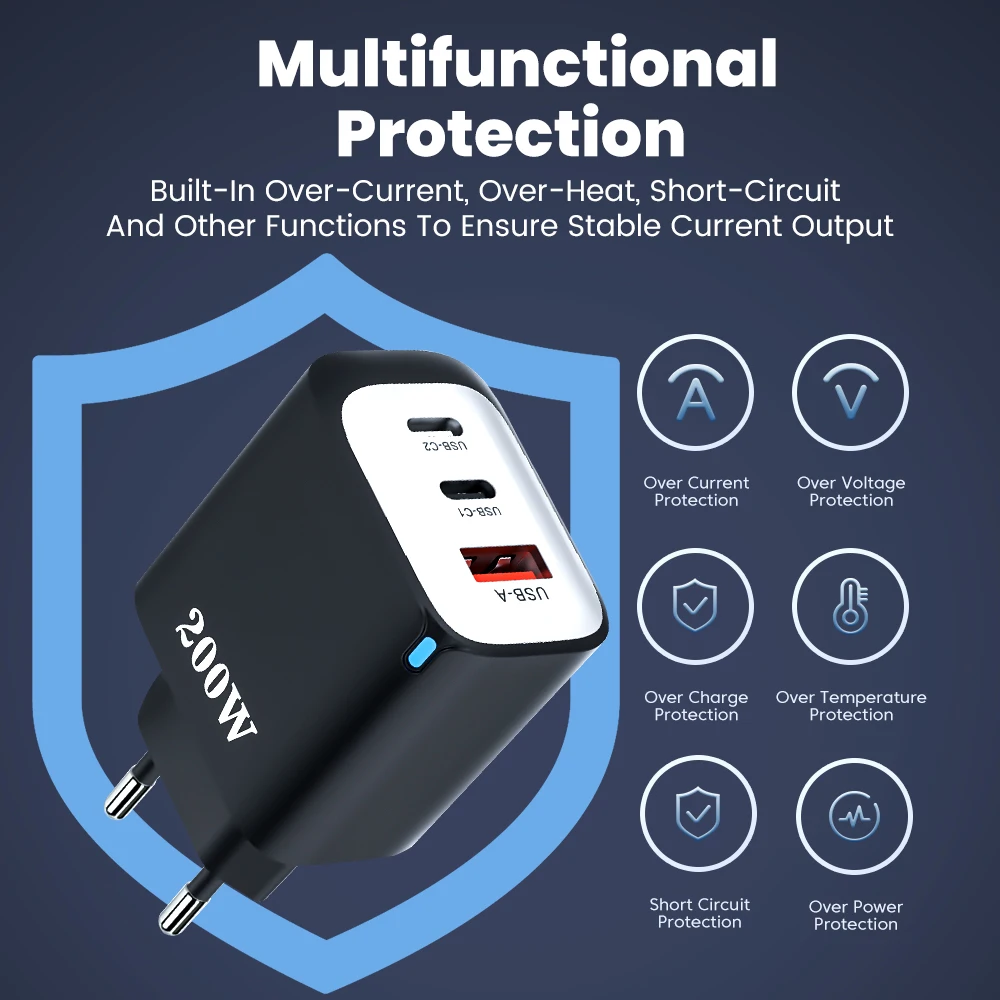 Cargador rápido USB C 200W QC3.0 tipo C cargador de pared para iPhone 15 16 Xiaomi Samsung 66W USB C a C Cable corto de carga súper rápida - imagen 4