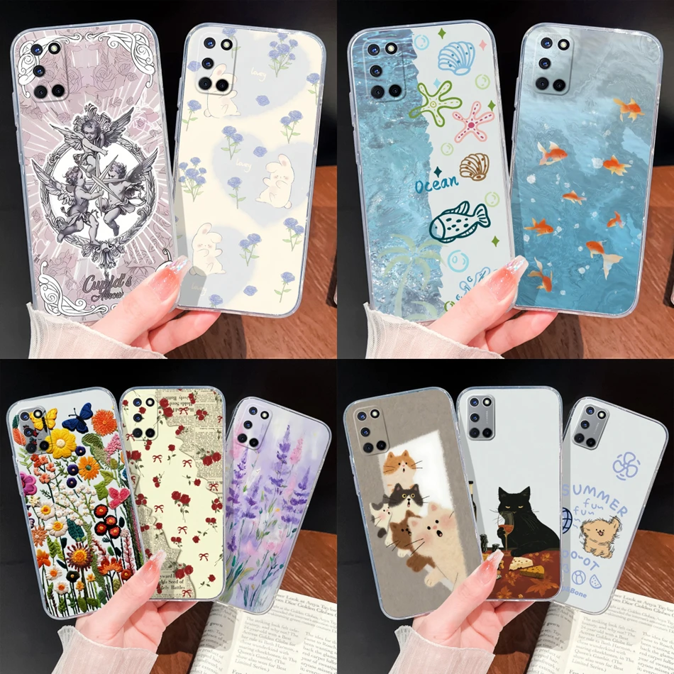 Funda para Oppo A52 A72 A92 A92S lindo perro gato suave transparente silicona anticaída cubierta para Oppo A 52 A 72 A 92s protectores de teléfono