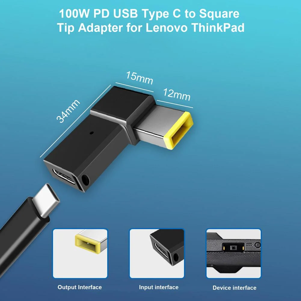 Adaptador PD tipo C de 100W, convertidor de enchufe hembra a punta cuadrada, Cable de carga rápida USB-C para conector de alimentación CC Lenovo Thinkpad - imagen 3