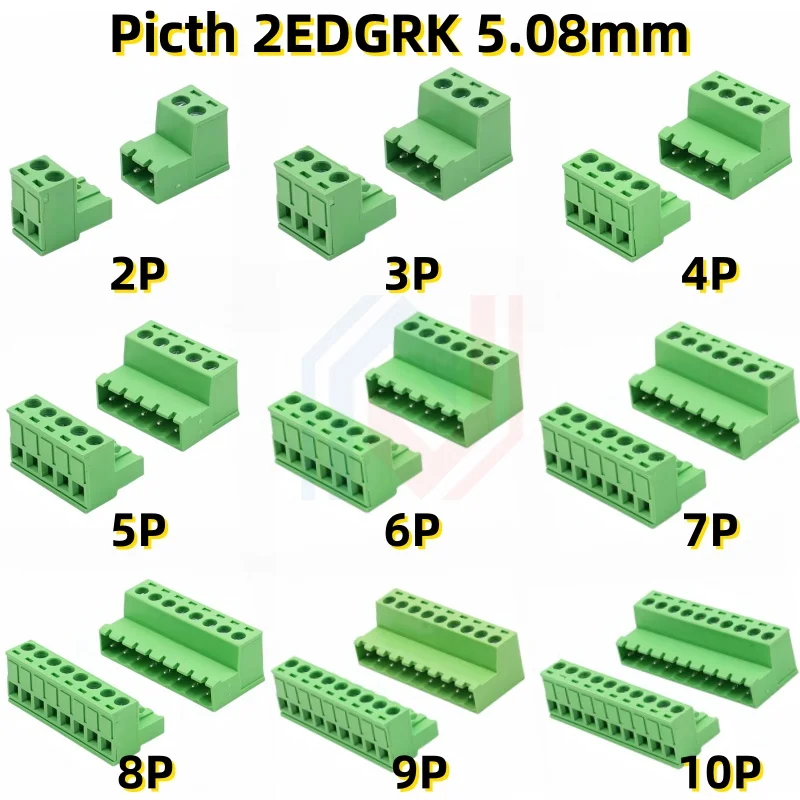 Juego de conectores de bloque de terminales sin soldadura, Conector de bloque de terminales de tornillo de 5,08 MM, tipo enchufable PCB, tipo 2EDG, verde, 1 Juego