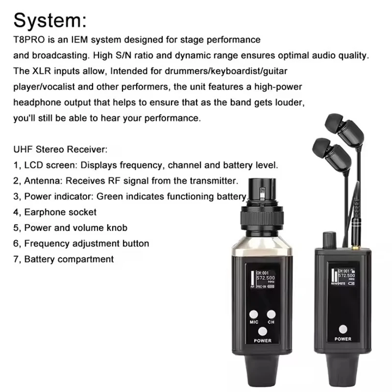 Sistema de monitorización intrauditivo inalámbrico IEM UHF Mono Frecuencias de un solo canal seleccionables para DJ de actuaciones en escenario de cantante - imagen 4